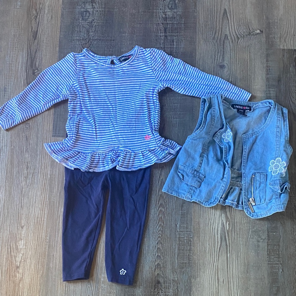 Limited Too Blue Striped Top and Navy Leggings with Denim Vest